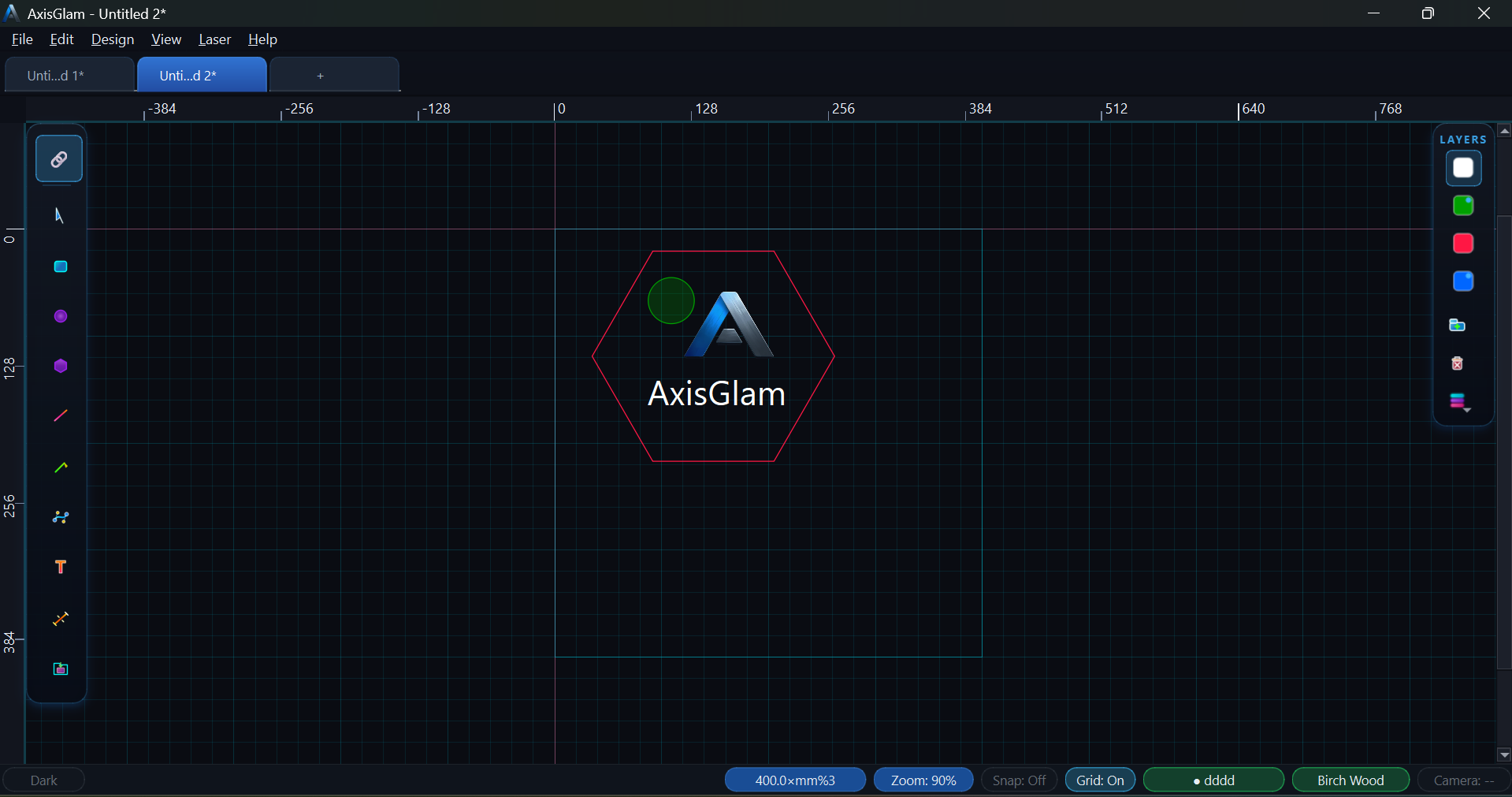 AxisGlam workspace with 2D vector design, laser layer control, and G-code preview